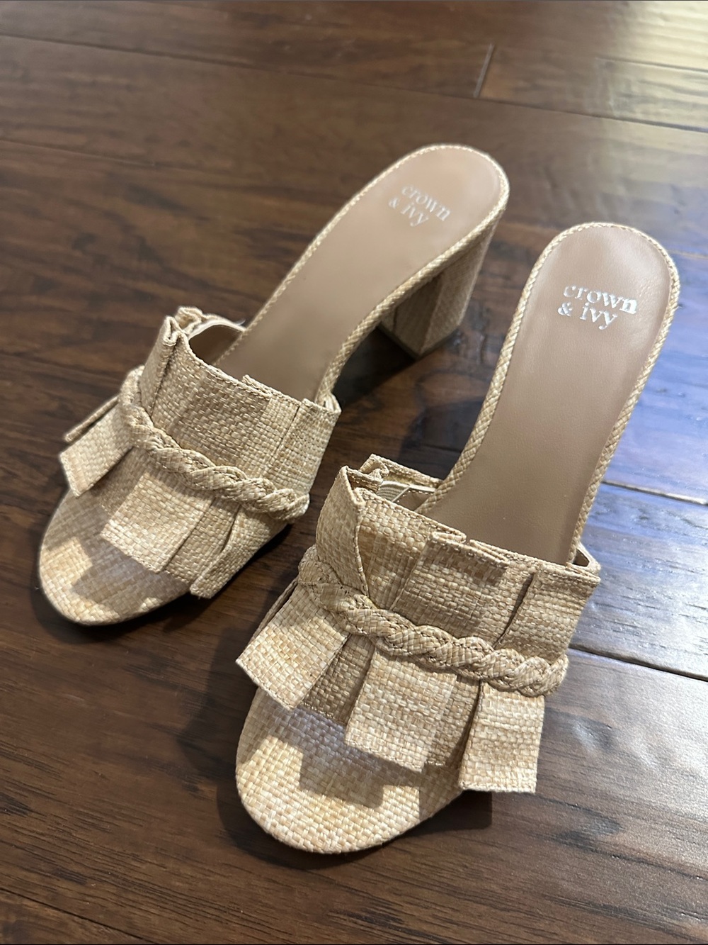 crown & ivy Natural Braided Raffia Fringe Slide Mules - Picture 2 of 4